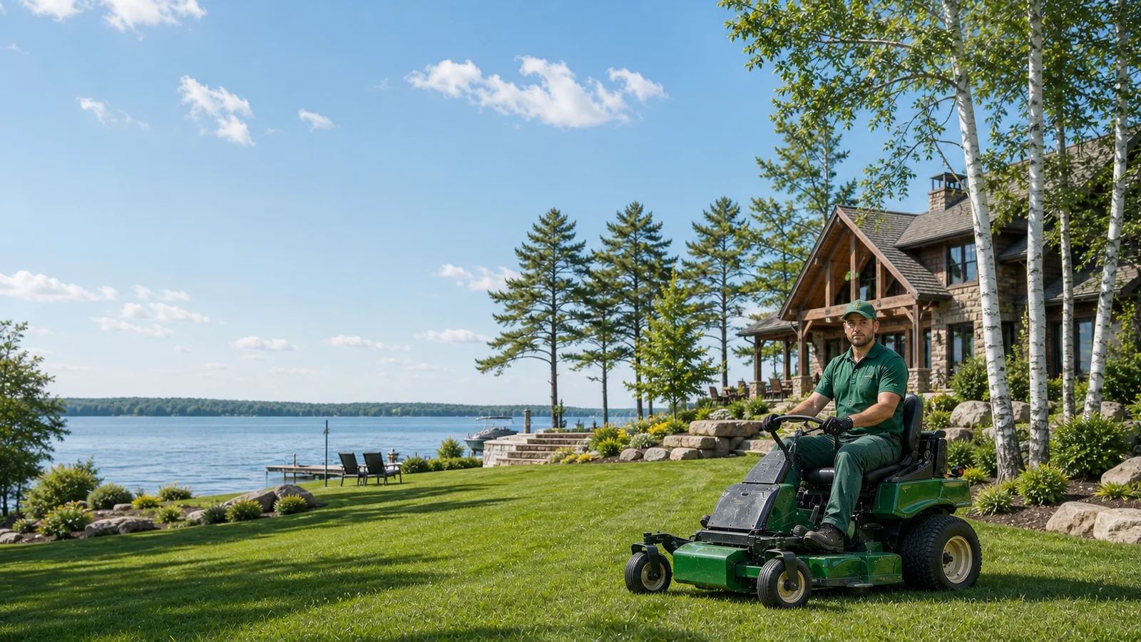 Professional lawn mowing service on a large lakefront estate.